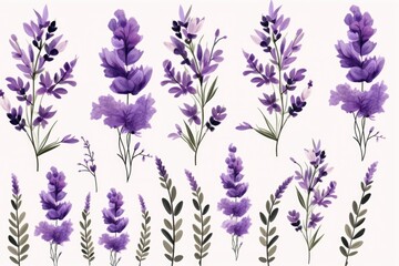 Lavender flowers set. Outlined Provence floral herbs with blooms. Vintage botanical drawing of French field Lavandula. Blossomed lavander. Hand-drawn vector illustrations isolated on white background - obrazy, fototapety, plakaty