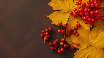 autumn leaves and small red rowan fruits on brown textured wooden background. Generative AI - obrazy, fototapety, plakaty