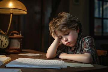 Fototapeta na wymiar Tired little schoolboy being sad looking depressed, suffering stress overwhelmed by load of homework and schoolwork, sitting at desk - Learning difficulties, demotivation, education concept.