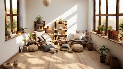 Beautiful furniture designed in Scandinavian style, interior in which a sofa, armchairs, a picture on the wall and decorative elements with a selection of stylish colors