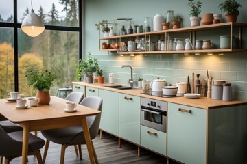 New super cozy designer kitchen in Scandinavian style with excellent renovation and taste in the interior, unique decor elements and large windows, green colors 