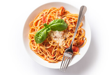 Deliziosi spaghetti con pomodoro fresco e parmigiano, cibo italiano 