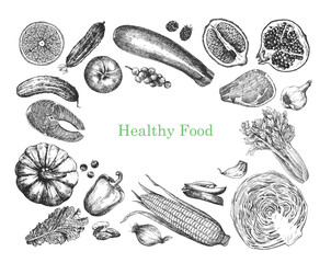 Healthy Food. Hand-drawn illustration of Food. Ink. Vector