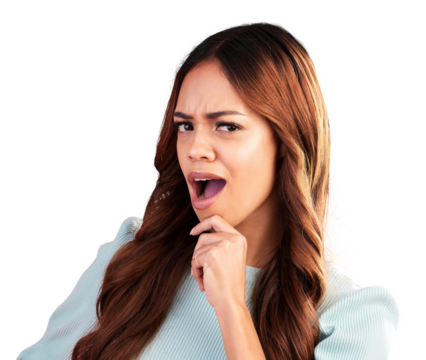 Portrait, shock and woman with announcement, omg and expression isolated on a transparent background. Face, female person and model with gossip, surprise and png with news, confused and notification