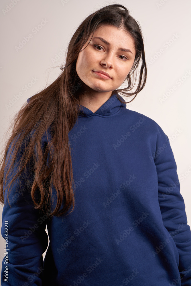 Sticker brunette woman wearing a sweatshirt with a hood. beautiful girl blank one color jumper.