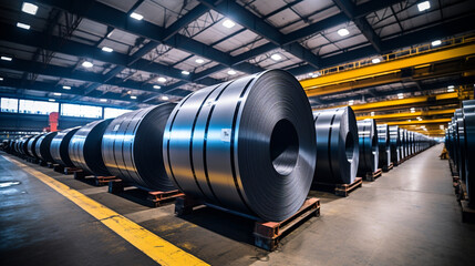 Steel Rolls Stacked in an Industrial Storage Facility 