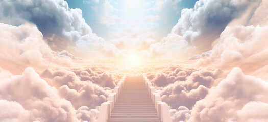 Staircase or Path to heaven, the concept of enlightenment. Human stands in front of the Paradise gates. Banner