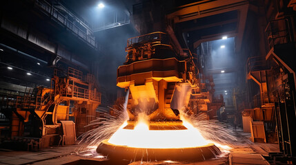 Brightly Lit Blast Furnace in a Modern Metallurgical Plant  - obrazy, fototapety, plakaty