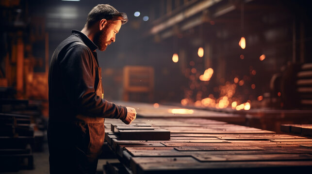 Steel Worker Inspecting Quality of Steel Plates in a Foundry 