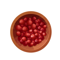 Cranberry red berries in wooden bowl top view cartoon style isolated on white background