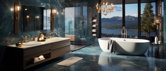 A luxurious bathroom with marble accents and sleek modern design. The room features a freestanding bathtub and a glass-enclosed shower. The walls are painted blue color, with metallic
