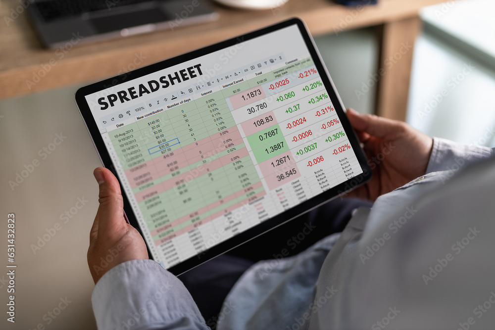 Poster business financial spreadsheet document information data analyst statistics spreadsheet on computer: