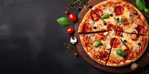Top view of freshly delicious homemade pizza with cheese and tomato on rustic wooden table Italian restaurant delicacy.