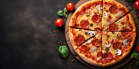 Top view of freshly delicious homemade pizza with cheese and tomato on rustic wooden table Italian...