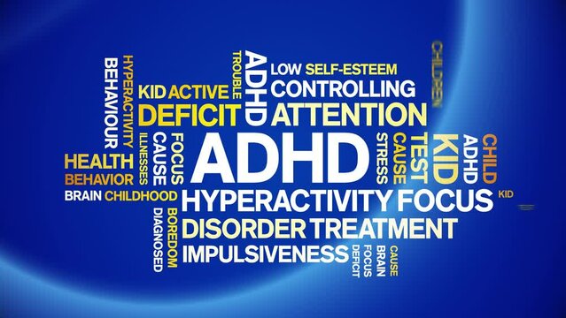 ADHD animated tag word cloud;Attention Deficit Hyperactivity Disorder design kinetic typography seamless loop.