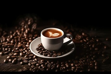 Coffee cup and coffee beans on a wooden table.
