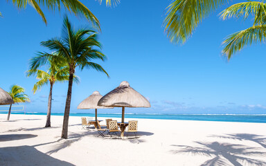 Fototapeta na wymiar Le Morne beach Mauritius Tropical beach with palm trees and white sand blue ocean and beach beds with umbrellas, sun chairs, and parasols under a palm tree 