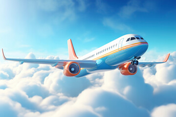 Fototapeta na wymiar Passenger airplane in the sky above the clouds, passenger airplane with landing gear released takes off in sky, beautiful background with flying plane in blue sky, generative ai