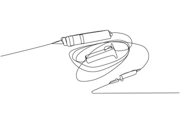 Catheterization kit, catheter, syringe, injection, Surgical Item, medical supplies, equipment one line art. Continuous line drawing of medication, clinical, disposable, tool, anesthesia, surgery