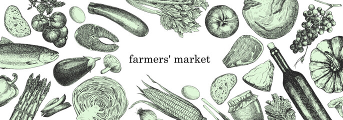 Farmers' Market. Hand-drawn illustration of Food. Ink. Vector