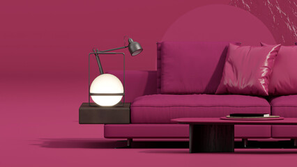 Viva magenta is a trend colour year 2023 in the living room. Interior of the room in plain monochrome dark pink color with furnitures and armchair, book, lamp. Creative interior design. 3d render	