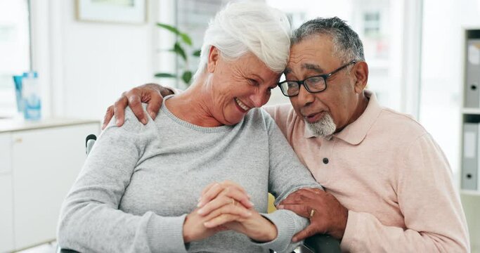 Senior couple, hug and support in retirement home with love, comfort and care in marriage. Elderly people, happy embrace and romance in a house with a smile and relax together with trust and bonding