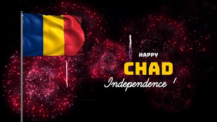 Happy Chad Independence Day animation with Chad flag and fireworks background. Celebrate Chad National Day on 11th August. Great for celebrating Chad independence day
