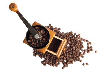 Wooden coffee grinder machine with coffee bean ob background