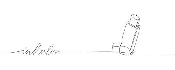 Inhaler for asthmatics, salbutamol, Asthma inhaler, medical supplies, equipment one line art. Continuous line drawing of medication, clinical, lung treatment with inscription, lettering, handwritten.