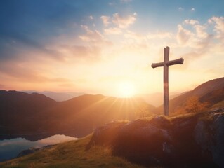The wooden cross on a mountain with a sunset background, Generative AI