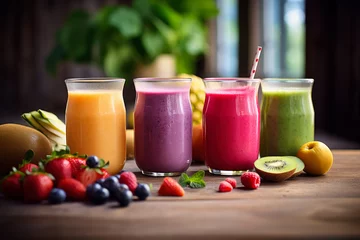 Tuinposter Colorful fresh juices or smoothies on a wooden desk, some fruits near. Generative AI © Lubo Ivanko