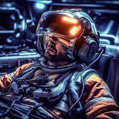astronaut wearing a space suit and future virtual reality helmet technology