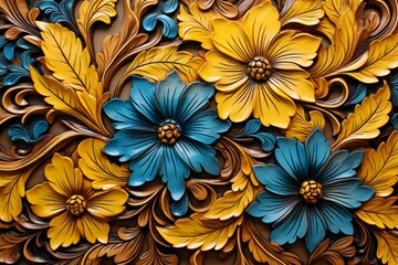 Flowers ornate blue yellow 3d. Generate Ai