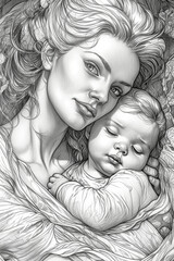 a line art drawing of a woman holding a baby