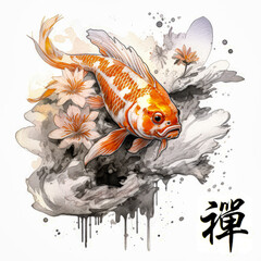 a watercolor traditional chinese painting of a koi fish  (Translation for right below chinese text is: Zen )