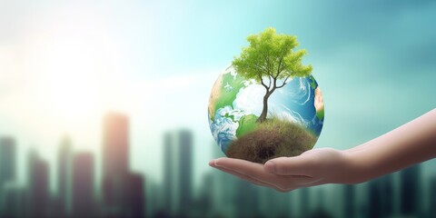 International Day of Forests concept: hands holding  tree and earth globe over green and city background, Generative AI
