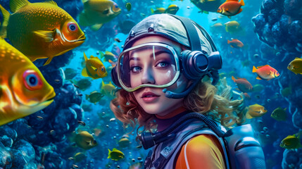 a woman in a diving suit and goggles surrounded by fish