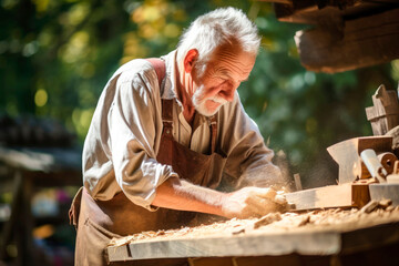 Old man carpenter against blur garden background.