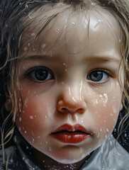 Closeup Portrait Of a baby With Water Drops On Her Face
