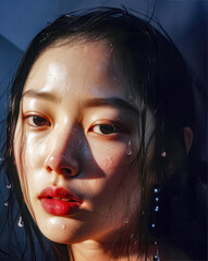 Closeup Portrait Of Young Woman With Water Drops On Her Face