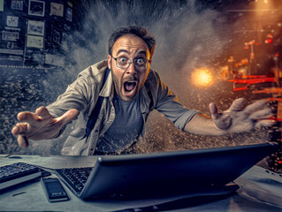 a man in shock emotion with a laptop in front of him and exploding background