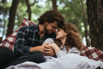 Romantic couple picnic blanket plaid. Generate Ai