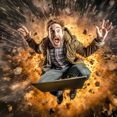 a man flying through the air on top of a laptop with exploding background