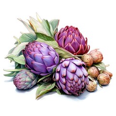 Obraz premium A pile of Artichoke and their flowers and leaves. Generative AI