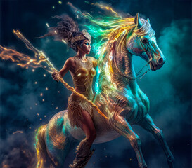 a mystical valkyrie female atlantean warrior riding on the back of a silver color horse