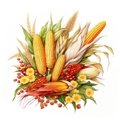 A pile of Corn and their flowers and leaves. Generative AI