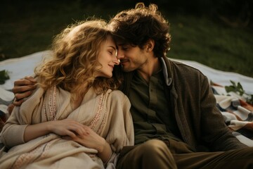 Romantic couple picnic blanket love. Generate Ai