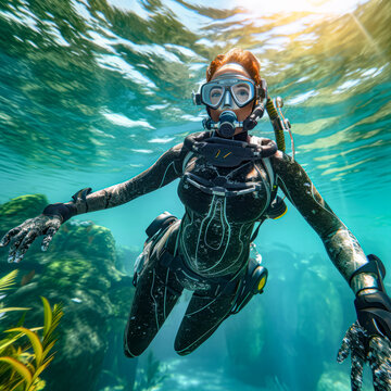 A Woman In A Diving Suit And Goggles In The Water