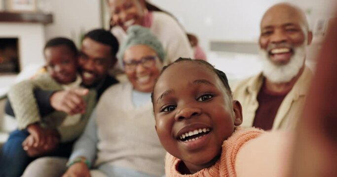 Family, selfie and happy child on sofa at home with mother, grandparents and children. Social media, profile picture and portrait with mom, elderly people and kids with laugh, care and parent support