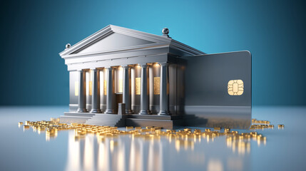 Finance app or advertising concept. 3D style of Credit Card with Bank Building.